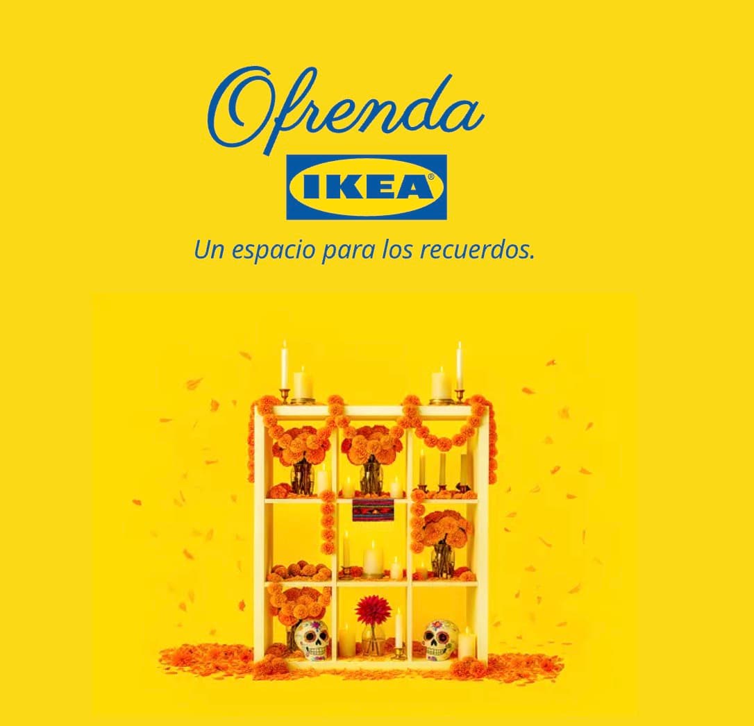Ofrenda IKEA title card: a Kallax shelf dressed as a Día de Muertos altar with candles, marigolds and sugar skulls on IKEA yellow, with the tagline "Un espacio para los recuerdos"