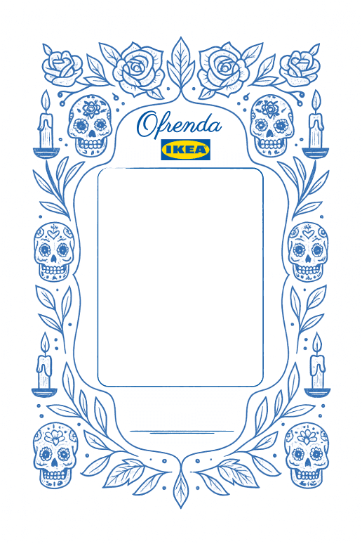 The ofrenda frame template: a Día de Muertos border of sugar skulls, candles and roses in IKEA blue, with an empty center where the generated portrait plays