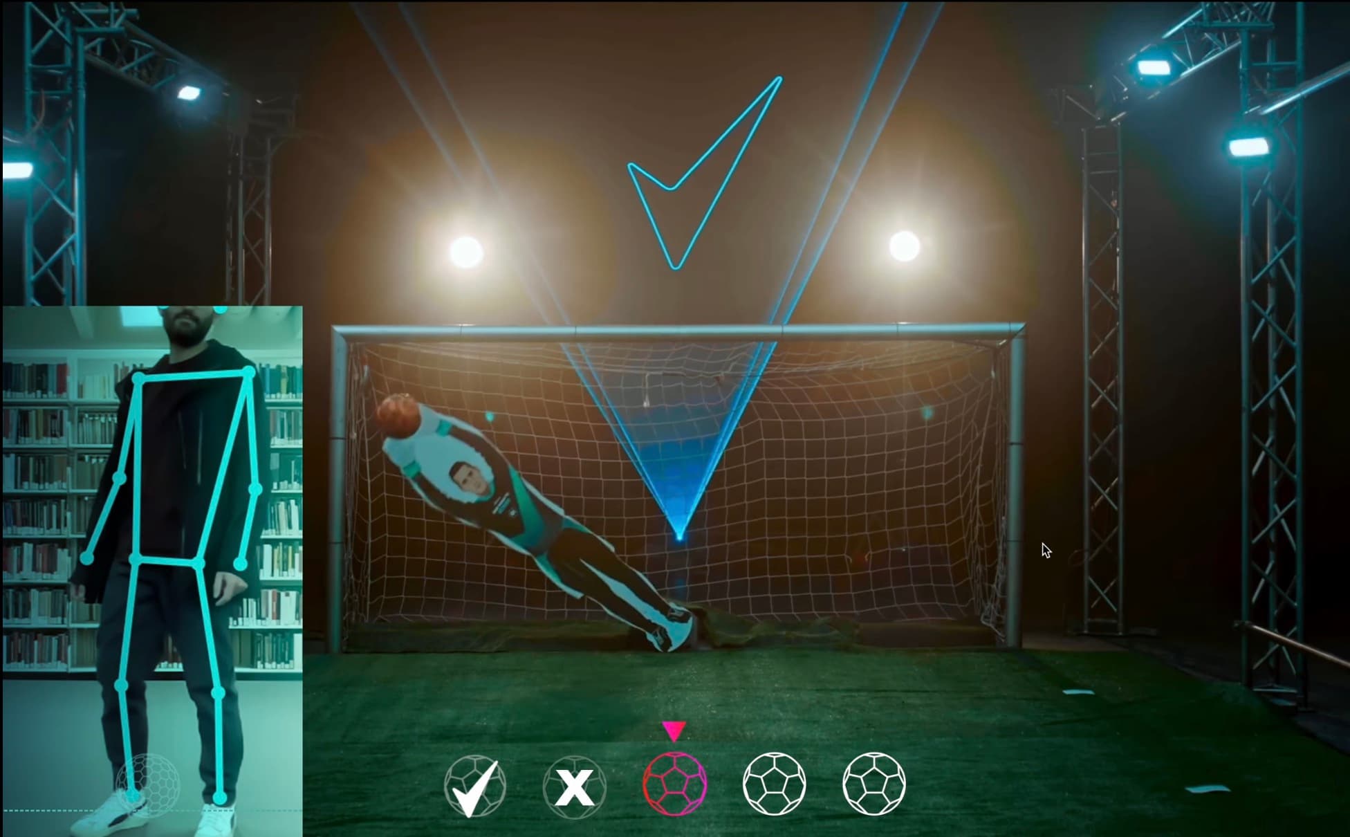 La experiencia interactiva del Reto Rexona: un participante rastreado con un esqueleto en cian mientras el RoboKeeper se lanza hacia el balón dentro de la portería