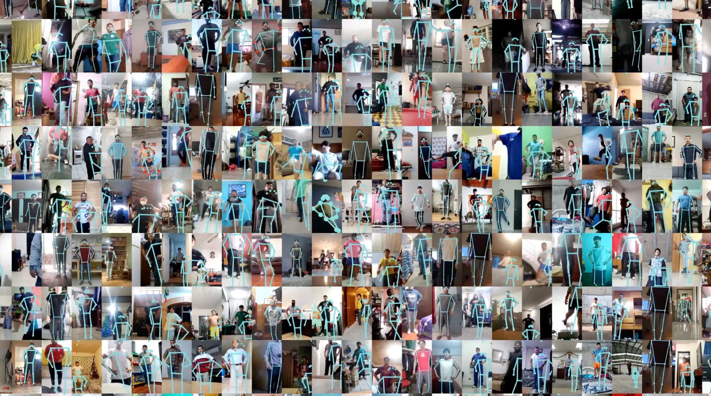 Montaje denso de decenas de fans grabados en casa, cada uno con un esqueleto de estimación de pose en cian como datos de entrenamiento del modelo